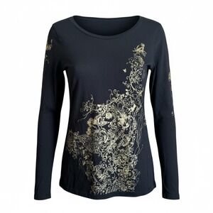 Vintage Caché Y2K Black Gold  Graphic Long Sleeve Tee‎ Womens M Whimsigoth Indie